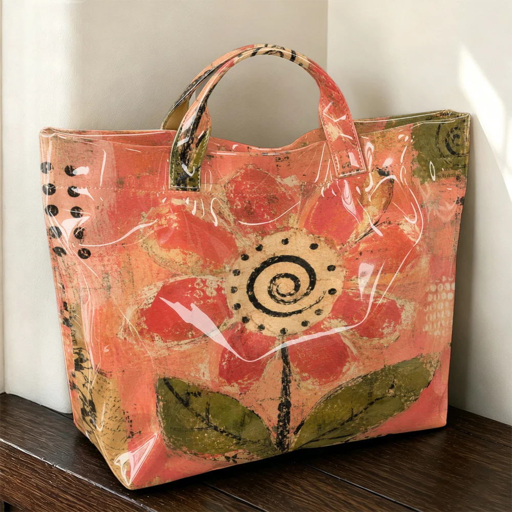 1pc, Retro Old Flower Printed Tote Bag, Warm Orange Background with Worn Flowers and whirlpool Pattern Shiny Handbag, Retro Old Large-capacity Tote Bag, Common for Commuting Shopping and Daily Travel.