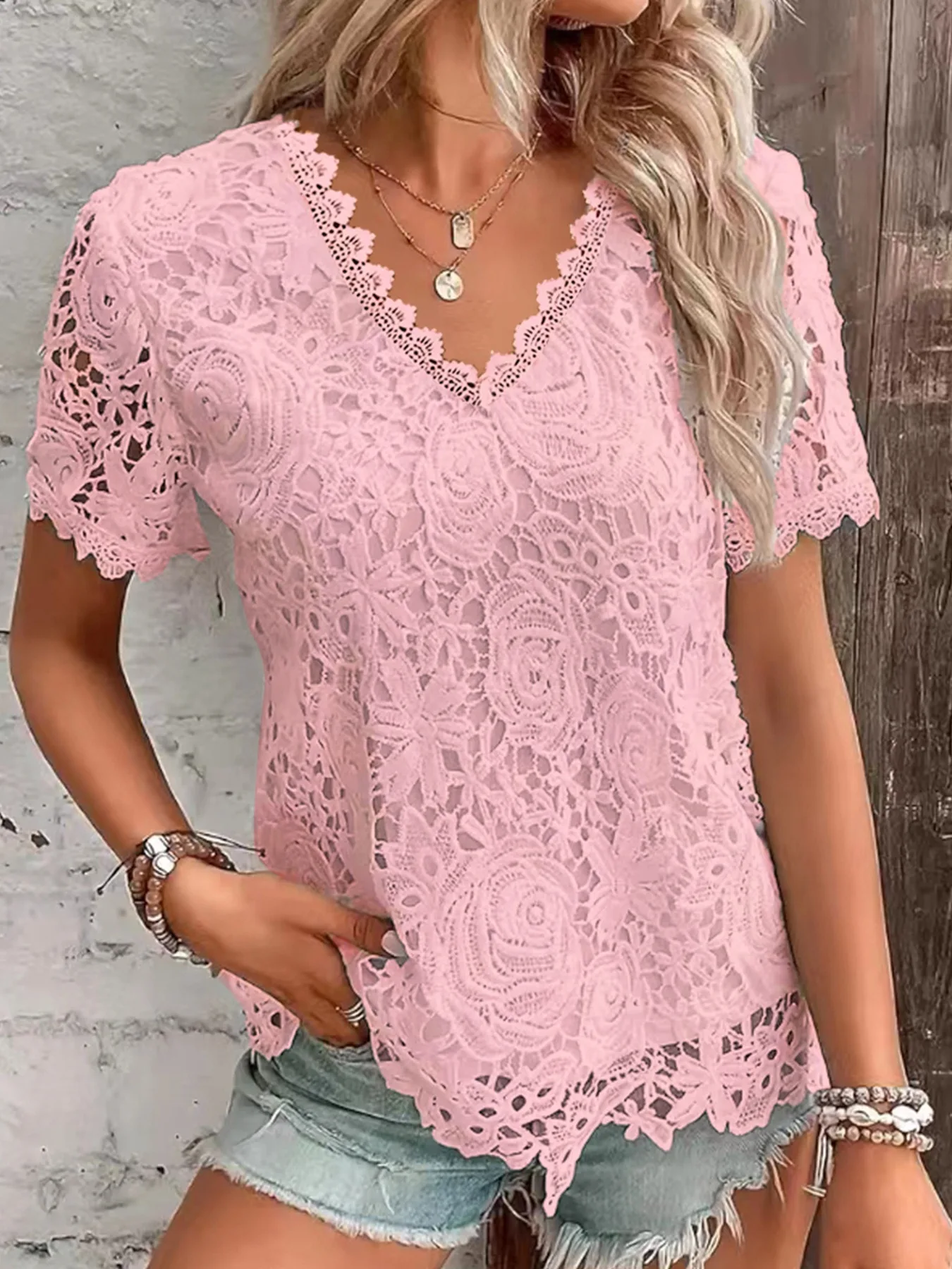 Elegant Lace Tee Shirt Women Vintage Solid Color Short Sleeve V-Neck T-Shirt Streetwear Ladies Casual Fashion Basic T-shirts