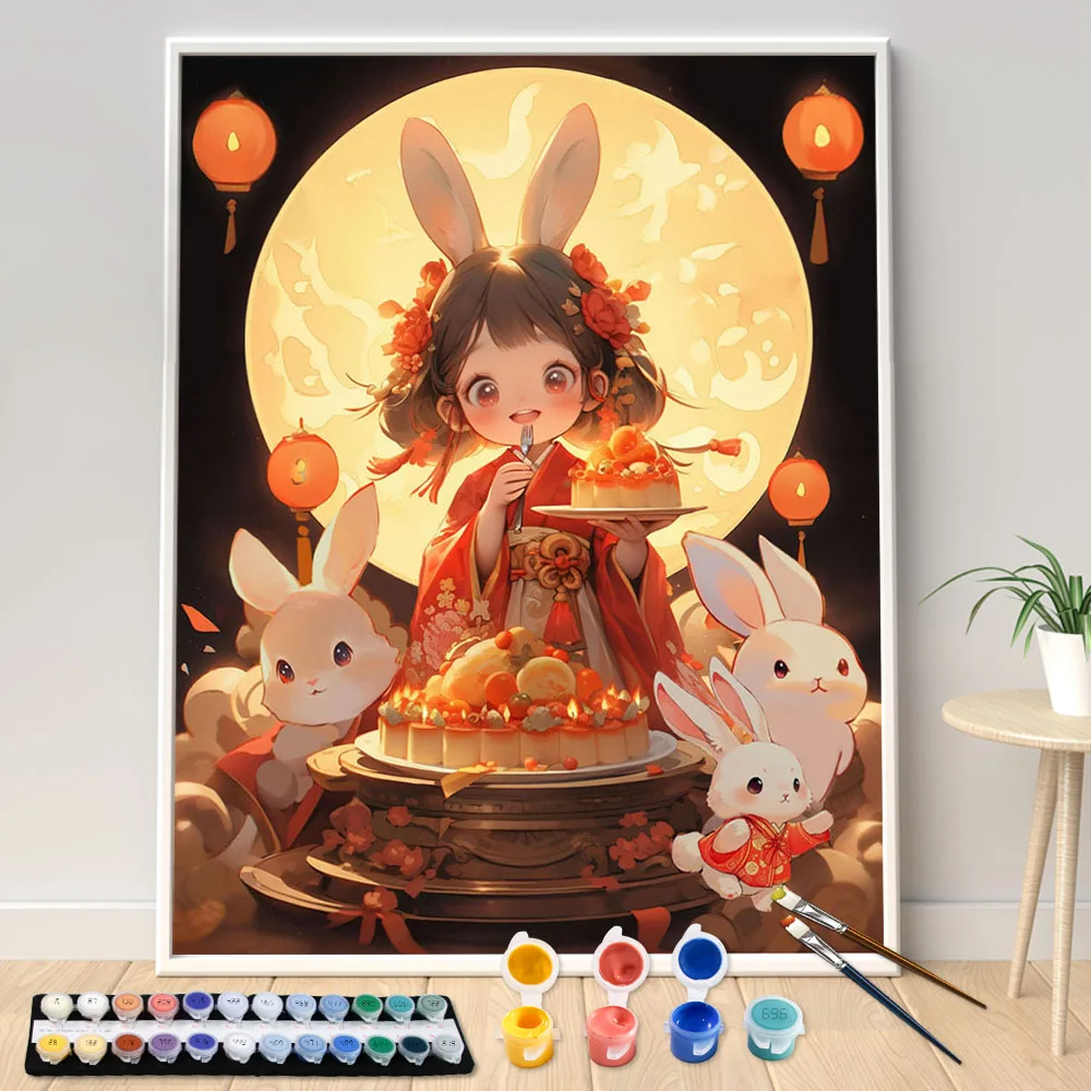 Kit de peinture acrylique par numéros peint à la main, œuvre d'art bricolage, beauté et lapin sous la lune, cadeau d'art, décoration de la maison