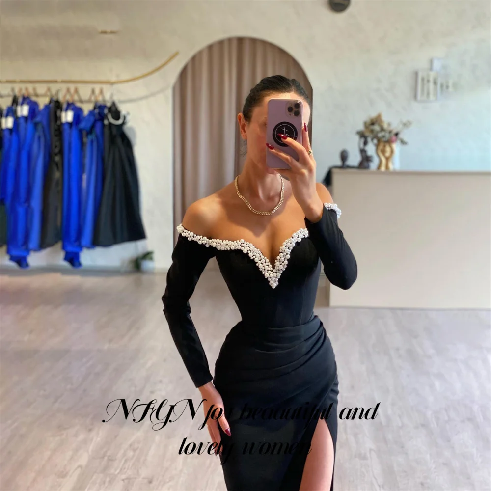 NFYN Black Mermaid Formal Dress Pearls V Neck Full Sleeve Party Dress for Wedding Side Split Special Occasion Dress Customized