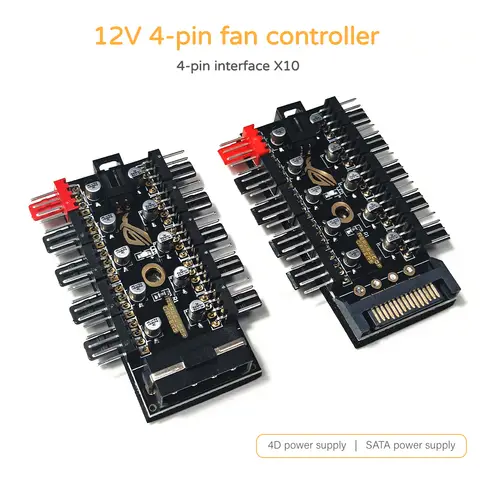 12V 4-Pin PWM Fan Controller Hub, 10 Way Fan Splitter, SATA/4D Power Supply for PC Case Cooling Fan