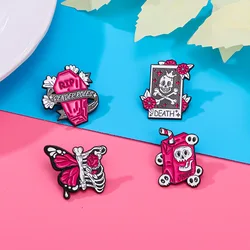 Punk Pink Skull Enamel Brooch Rip Coffin Death Photo Juice Butterfly Chest Halloween Lapel Pin Jacket Backpack Badge Accessories