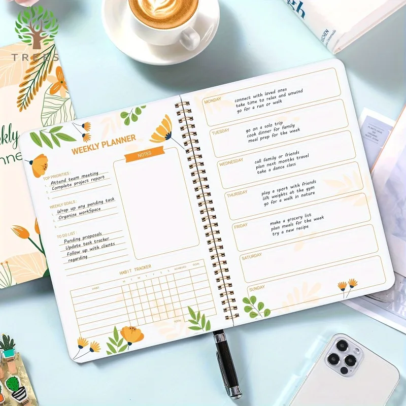 1pc Undated Weekly Planner To Do List Notebook Daily Schedules Spiral Goals Journal With Habit Tracker 52 Sheets