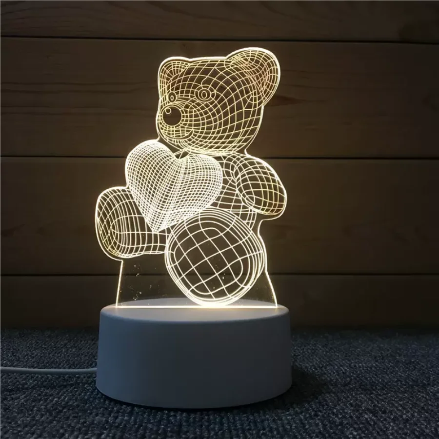 Lâmpada LED 3D de Amor Romântico para Casa e Decoração - Luz Noturna Infantil Luminária Criativa Desenhos