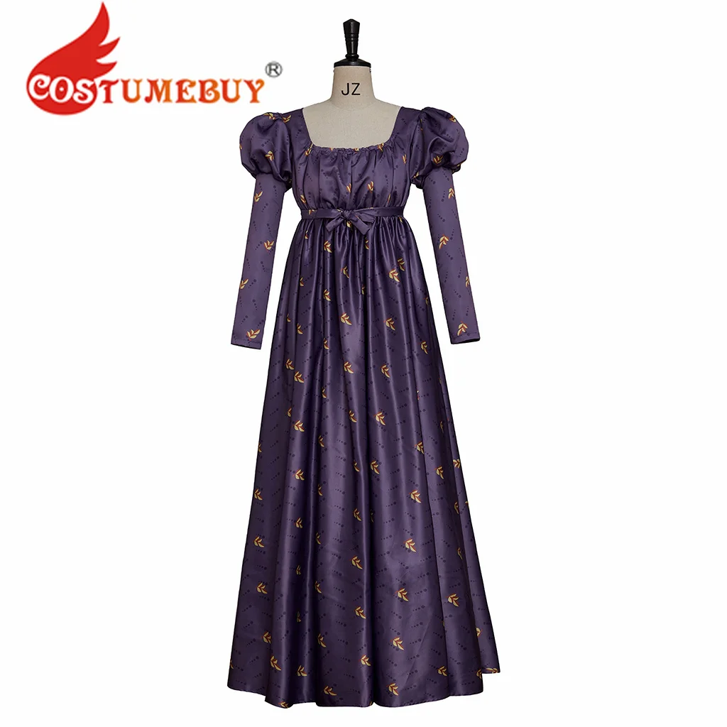 CostumeBuy Regency Empire Dress Jane Austen Vintage Dress High Waistline Tea Party Dress Gown Purple Floral Puffy Sleeve Dress