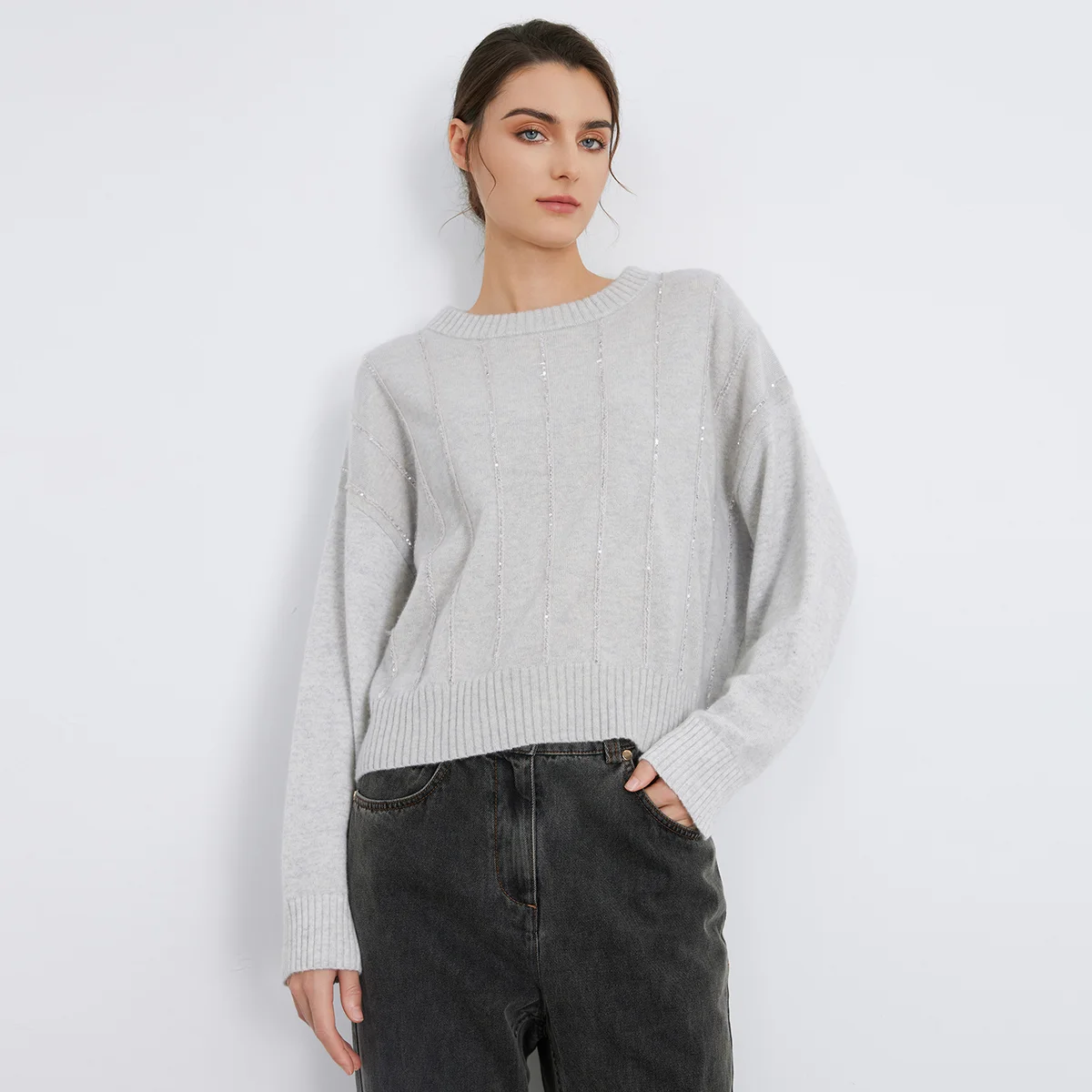 

BC871 женский роскошный пуловер из 100% чистого кашемира 12Gauge вязаный свитер с круглым вырезом текстурированный дизайн в полоску мягкий теплый удлиненный