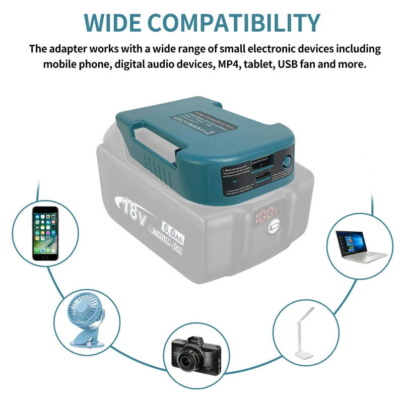 Makita 18V avec USB avec support de batterie de type C, adaptateur de chargeur, charge rapide, BL1840, BL1850, BL1860, 1 pièce