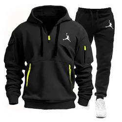 2024 Spring/Summer New Men's Sportswear Multi Pocket Zipper Hoodie+Sports Pants Two Piece Jogging and Fitness Set