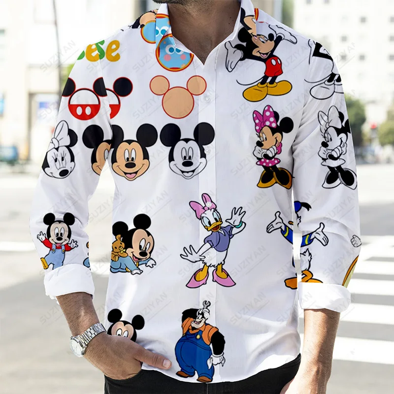 2022 Fall Newest Cartoon Casual Button Long Sleeve Shirt Disney Donald Duck and Mickey 3D Full Print Fashion Men\'s Lapel Top