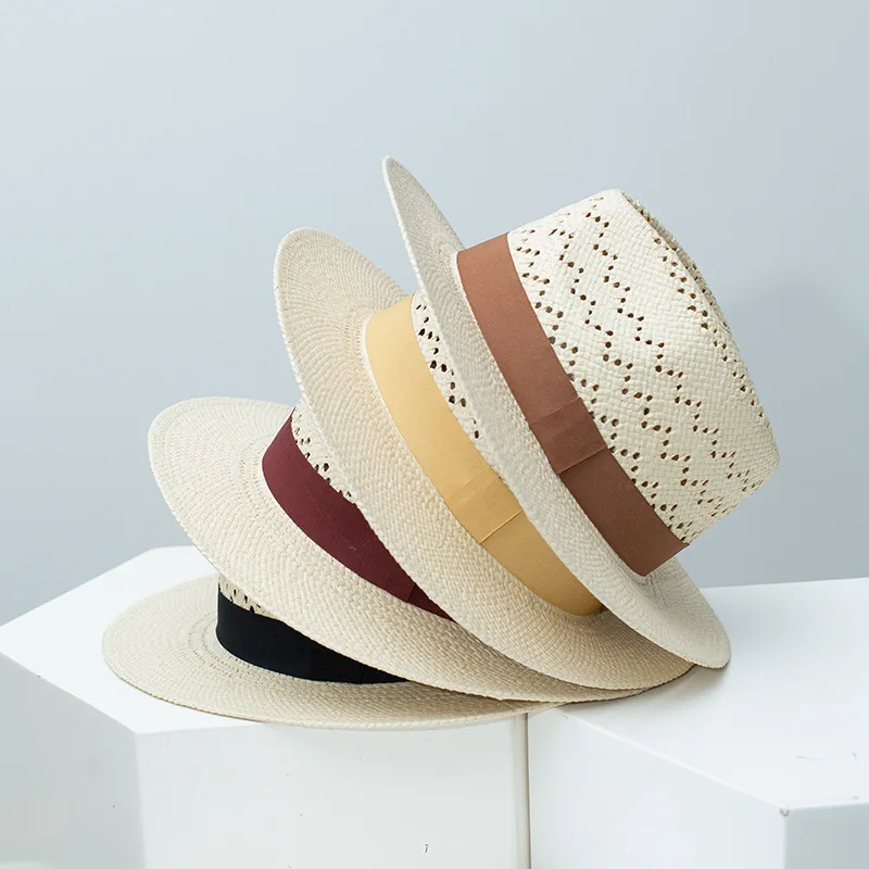 

Men's & Women's Hollow Straw Panama Hat Summer Breathable Sun Hat with Black Band Flat Brim Fedora Hat for Beach Travel