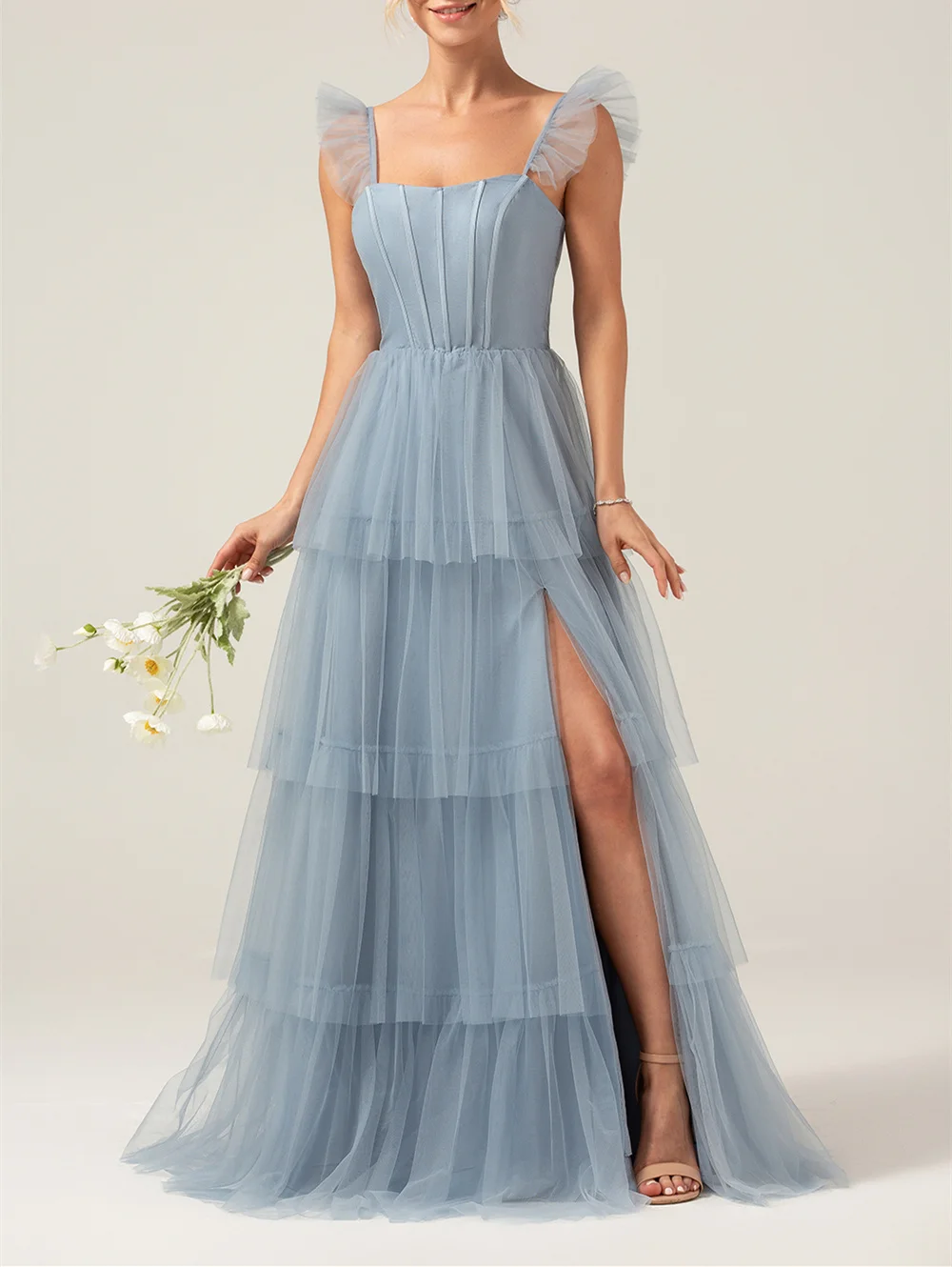 Dusty Blue Detachable Straps A Line Tiered Bridesmaid Dress with Slit Maxi Gowns For Wedding Party Dresse robes de soirée