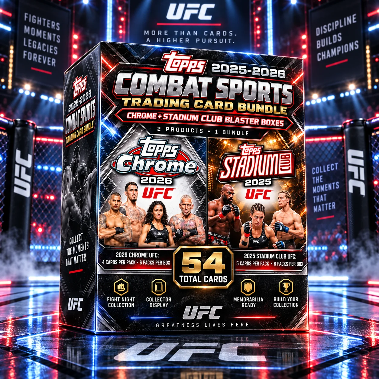 2025-2026 Topps Combat Sports Trading Card Bundle, 54 Cards Total Chrome & Stadium Club Blaster Boxes for Fight Sports Fans, Card Room Displays, Collection Building & Memorabilia Storage