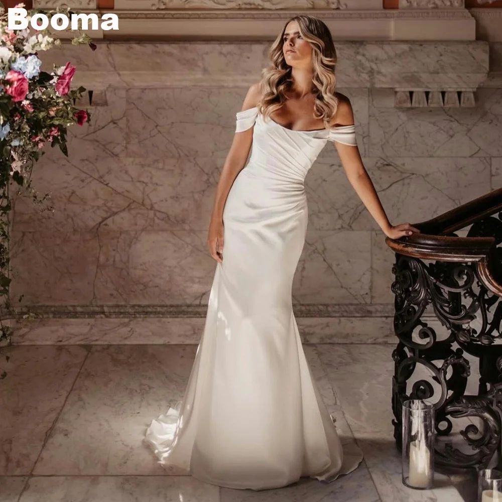 Booma Mermaid Wedding Dresses Off Shoulder Pleats Bridals Evening Dresses for Women Sweep Train Brides Prom Gowns with Button