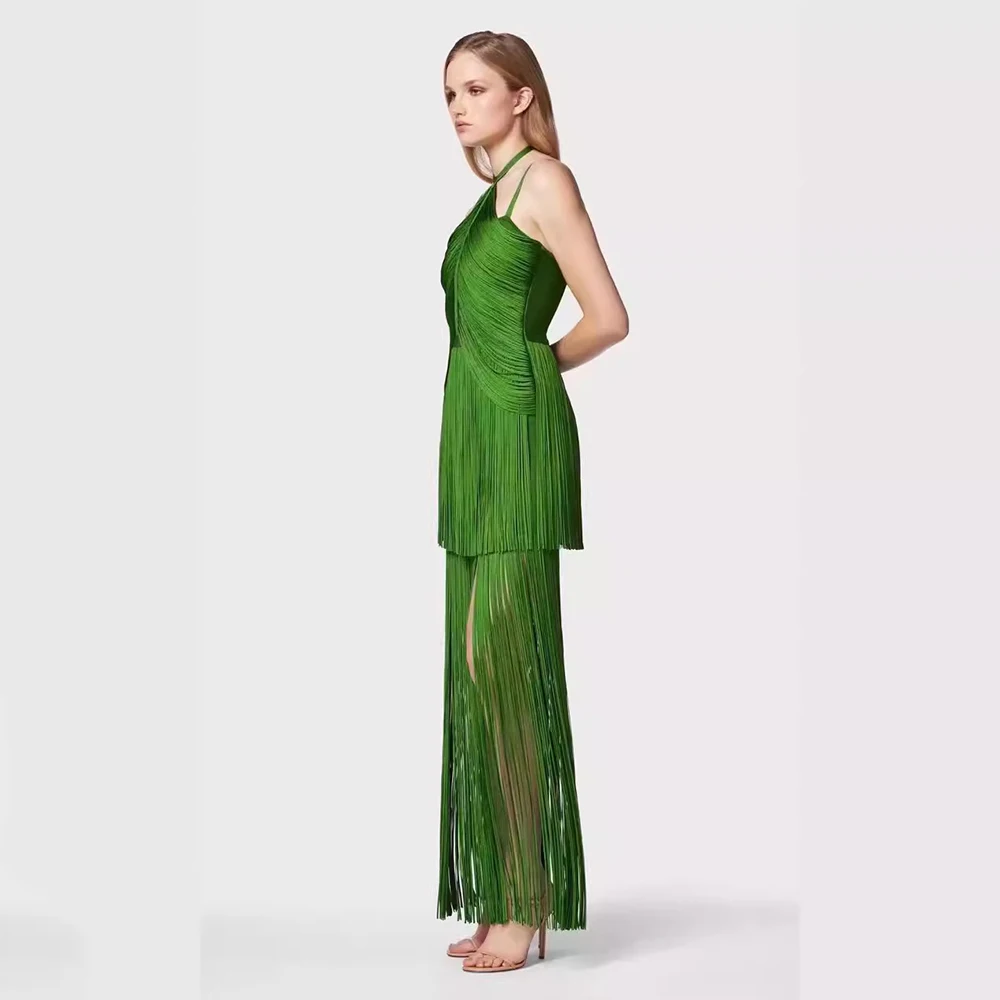 Ailigou 2024 New Women\'S Green Sexy Sleeveless Tight Fringe Long Bandage Dress Elegant Celebrity Party Evening Dress