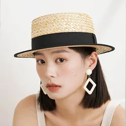 Women's Summer Hat Wide Brim Woven Straw Hat Flat Top Canotier Hat Boater Hat Beach Hats Ladies Travel Holiday Casual Sun Hats