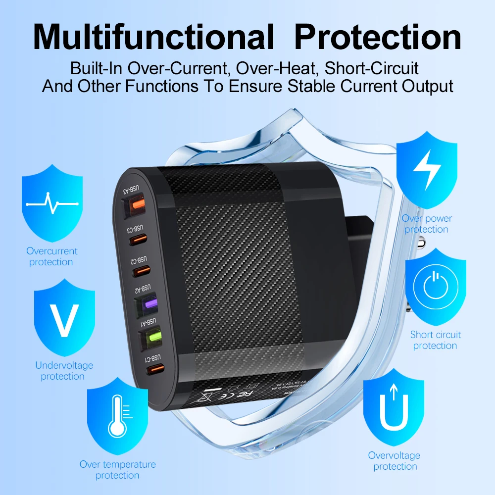 65W PD USB Charger 6 Ports USB Type C Charger Quick Charge 3.0 Fast Charging For iPhone 14 Samsung Xiaomi Mobile Phone Adapter