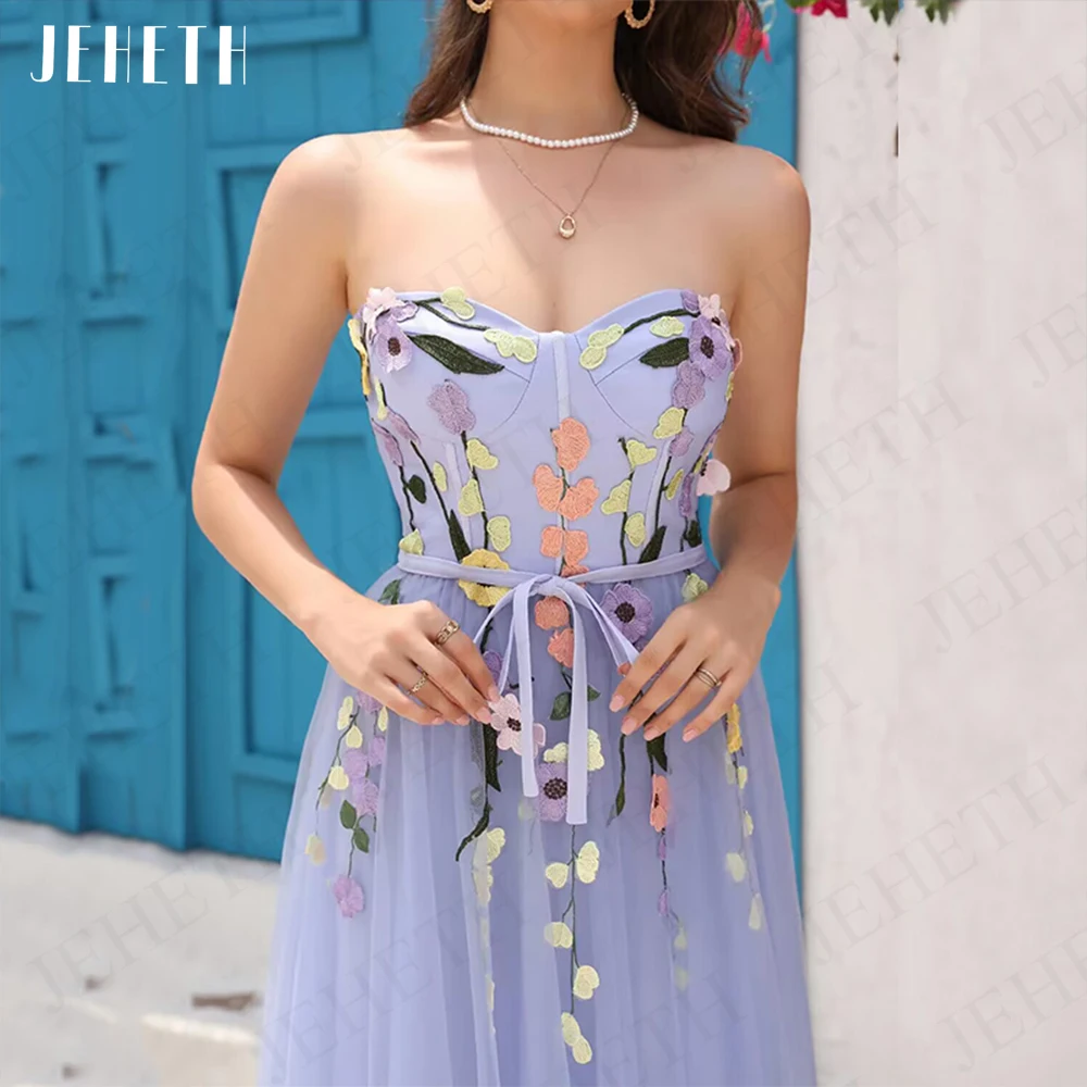 JEHETH-Vestido largo De tul sin tirantes para Graduación, traje Floral De lavanda, escote Corazón, apliques De noche Vestido de fiesta largo Lavanda Floral A Line  Sweetheart Apliques Noche Tul Sin Tirantes  Vestidos D