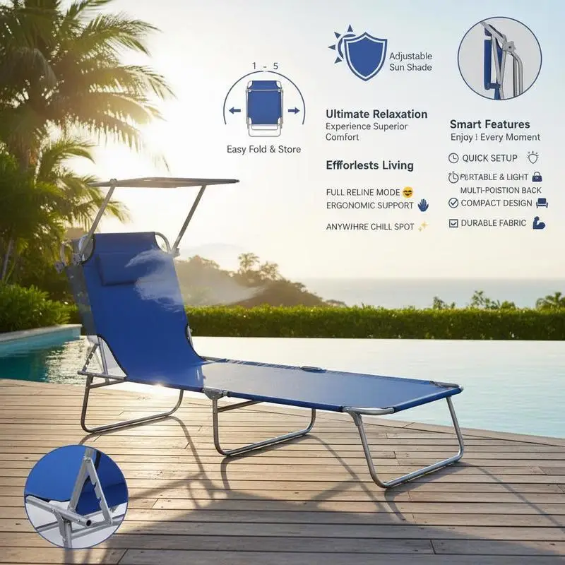 Sun lounger with sunshade, foldable, adjustable backrest, metal frame, 187 x 58 x 36 cm, blue