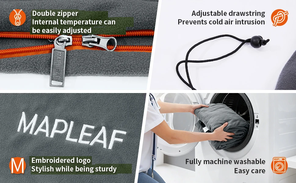 MAPLEAF Schlafsack-Inlet Fleece Doppelseitig Dick Warm Winter Reisen Antibakteriell Waschbar Doppelreißverschluss Kordelzug Verstellbar Faltbar Grün Blau Grau Erwachsene Strand Sommer Reise Boot Outdoor Wandern Reisea – Detail 5