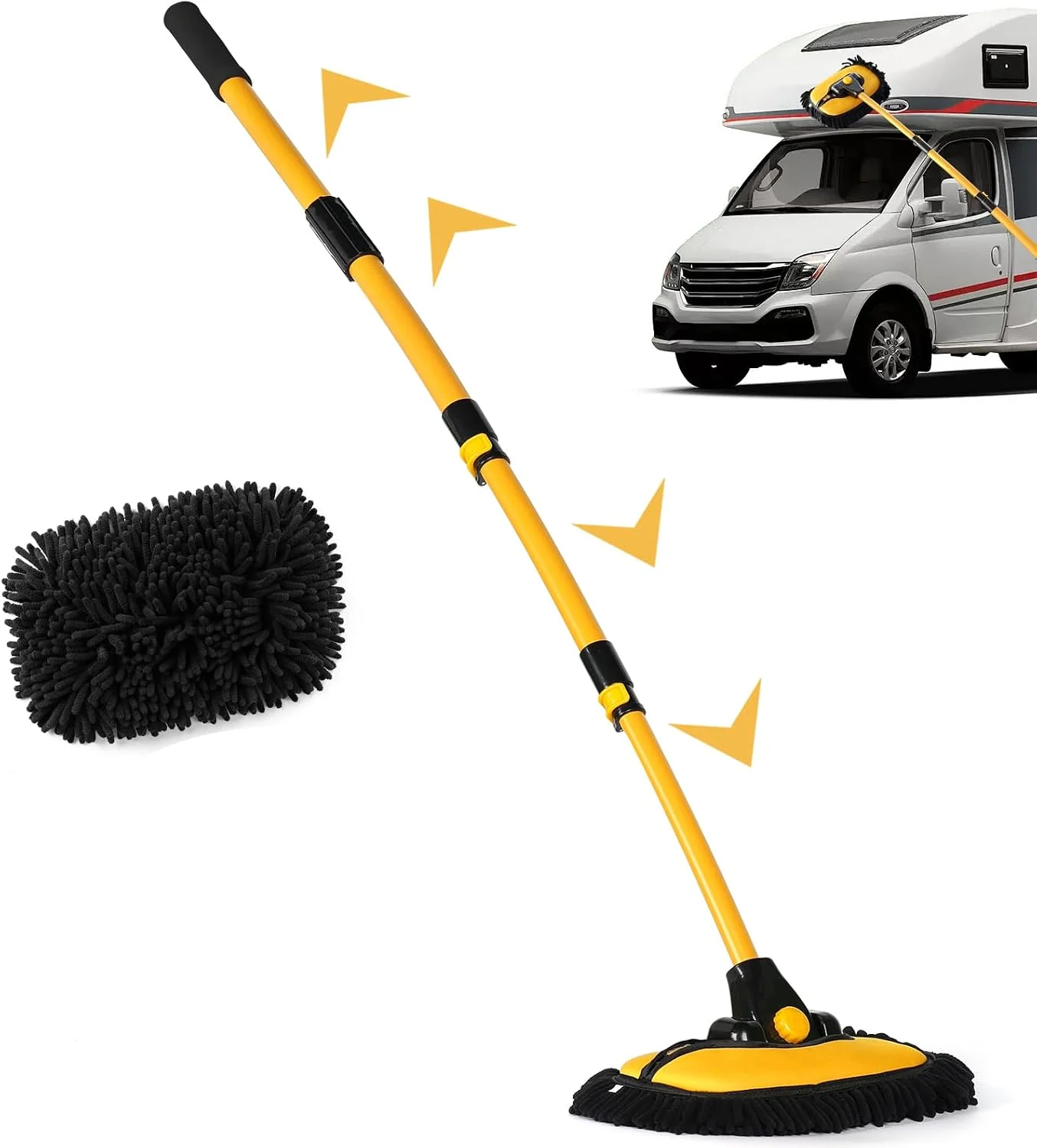 Autowaschbürste, Chenille-Mikrofaser-Teleskopstange mit 15 °   Biegen & 90 °   Rotierendes, kratzfreies Reinigungswerkzeug für Autofenster, LKW, SUV, Boot, 2 Pads inklusive, 144 cm verstellbarer Griff