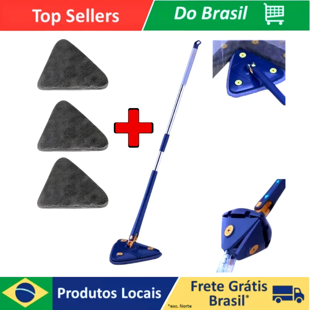 Kit Mop Esfregão Rodo Limpeza, Esfregão Triangulo Ajustável Giratório 360° com 3 Refis