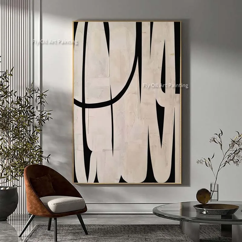 Black And White Abstract Line Art Oil Canvas Painting Modern Wall Line Abstract Handmade Black And Beige Minimalist Art Decor