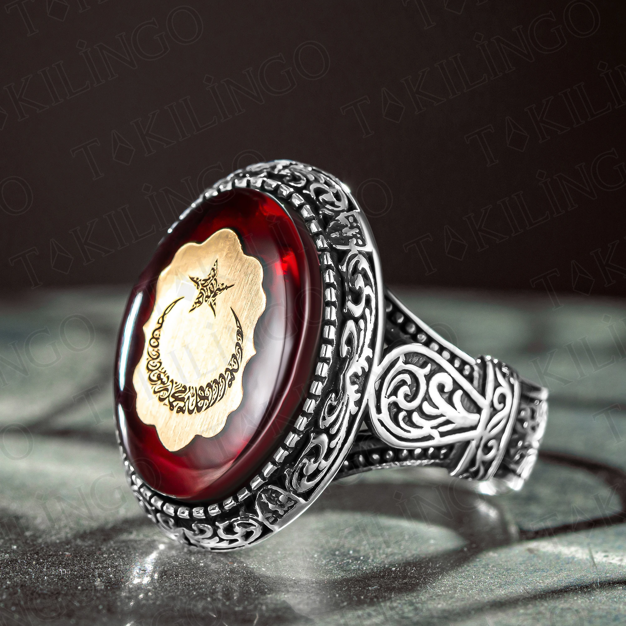 Solid 925 Sterling Silver Crescent Moon Star the Word Tawheed Amber Stone Islamic Men's Ring, Muslim Religious Ring