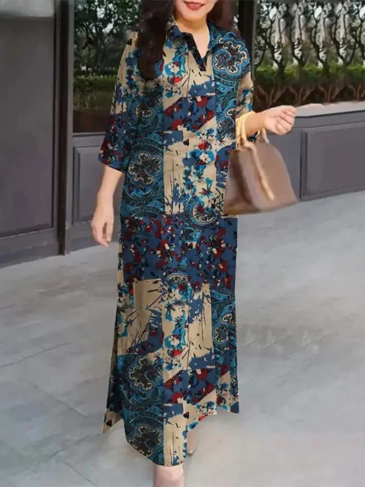 ZANZEA Women Fasihon Shirtdress Lapel Oversized 2024 Autumn Cotton Maxi Sundress Vintage Floral Print 3/4 Sleeve Long Dresses — zdjęcie 2
