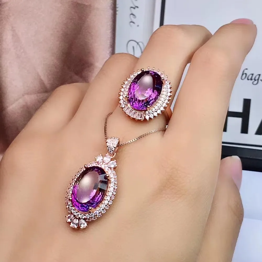 

KJJEAXCMY Boutique Jewelry 925 Pure Silver Natural Amethyst Women's Pendant Ring Set Electroplated Rose Gold Party Birthday Chri