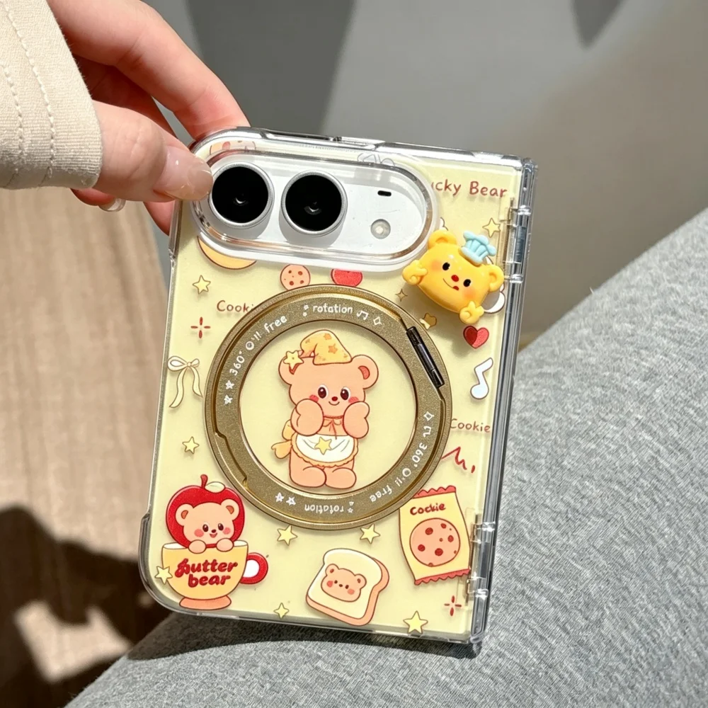 Kawaii 3D Cartoon Bear Magnetic New Phone Case for iPhone Duo Cover Fashion Cute Anti‑Fall Protective Cases, with MagSafe Holder