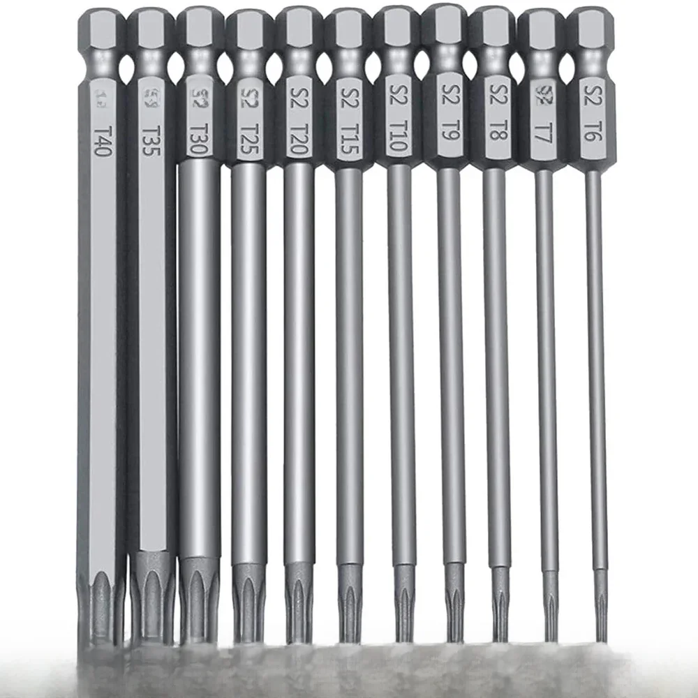 11PCS Torx Head Screwdriver Bit Set Magnetic 1/4" Hex Shank S2 Steel 3 Inch Long Drill Bits Security Torx Bits T6-T40 50/100mm