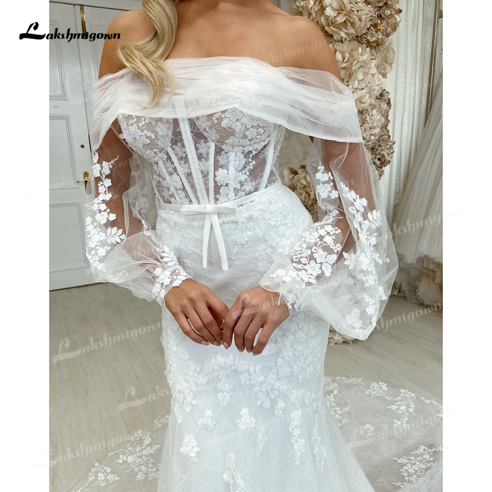 Vestido de noiva sexy sem alças para mulheres, manga longa, apliques de renda, trem de varredura, vestido de noiva personalizado