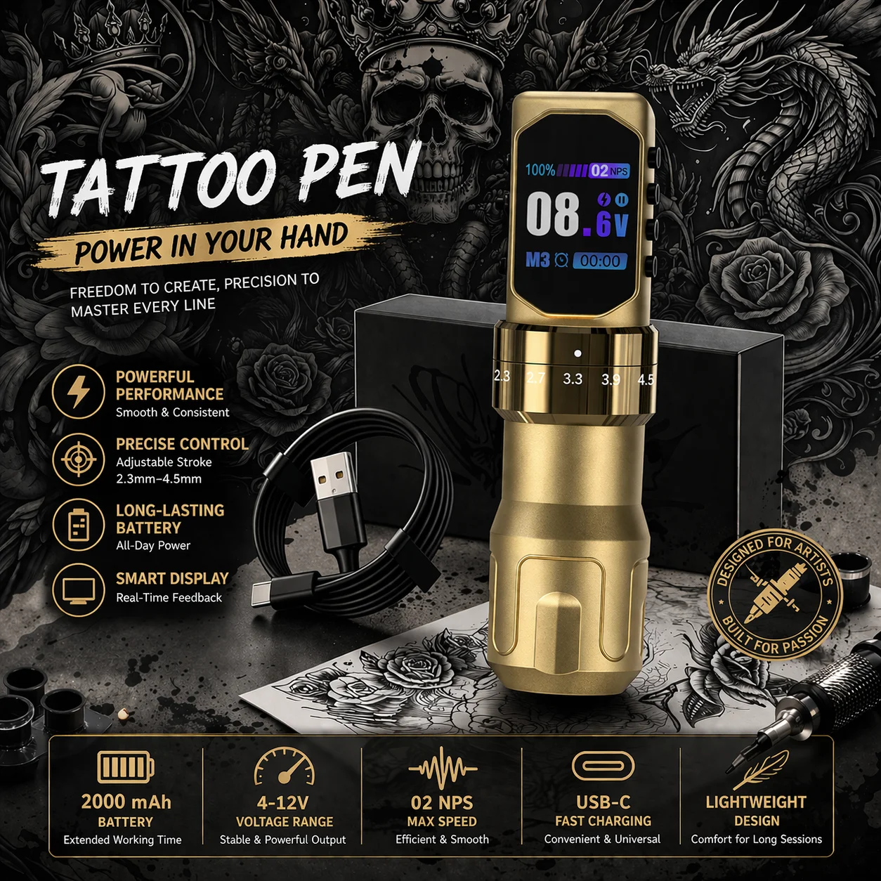 

Машинка для татуировки Audersigt с низким уровнем шума, регулируемым ходом 2.3-4.5 мм, роторная тату-машинка с аккумулятором 2000 мАч, тату-ручка.