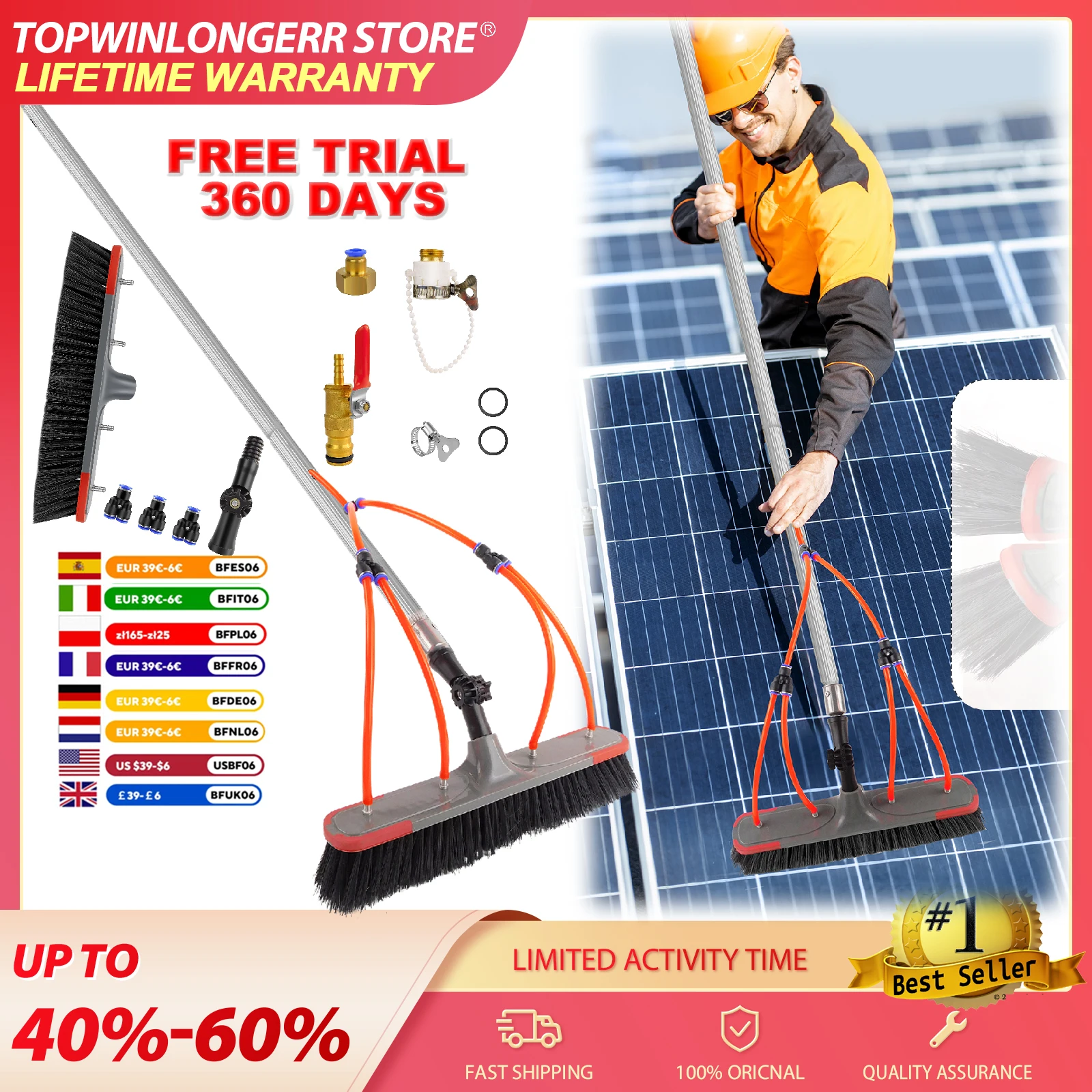 7M Teleskop-Waschbürste aus Aluminium mit Gartenschlauch für Solarmodule, Photovoltaik, Terrassendächer und Fenster, 180° Verstellbarer Bürstenkopf, Langlebig und Platzsparend
