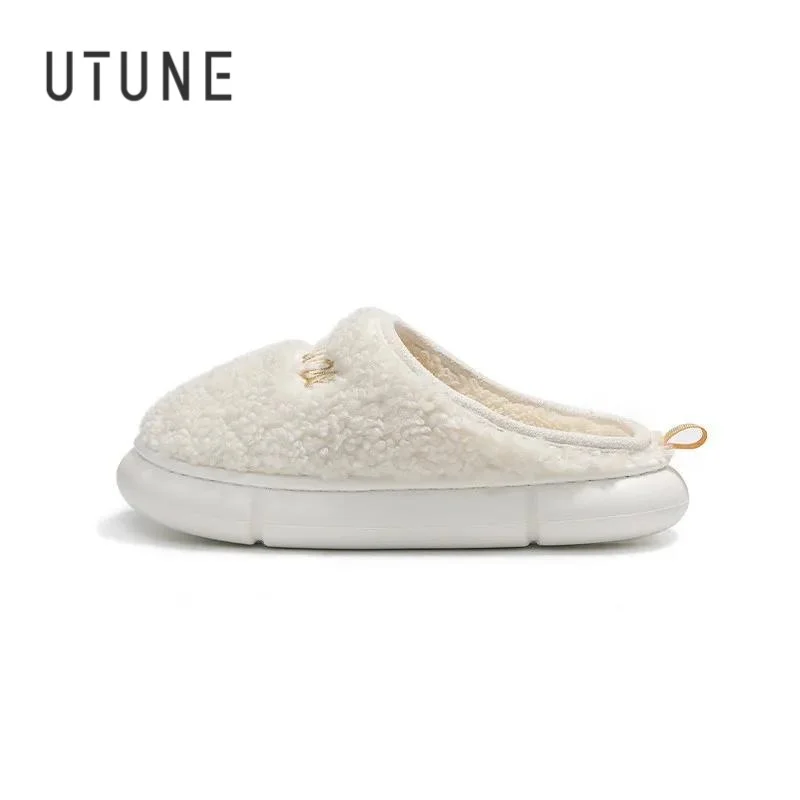 UTUNE Cute Embroider Slippers For Women Winter Shoes Indoor Home Parent Flats Men Warm Plush Thick Sole Anti-slip Soft Slippers