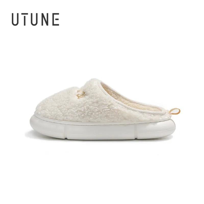  UTUNE Cute Embroider Slippers For Women Winter Shoes Indoor Home Parent Flats Men Warm Plush Thick Sole Anti-slip Soft Slippers 