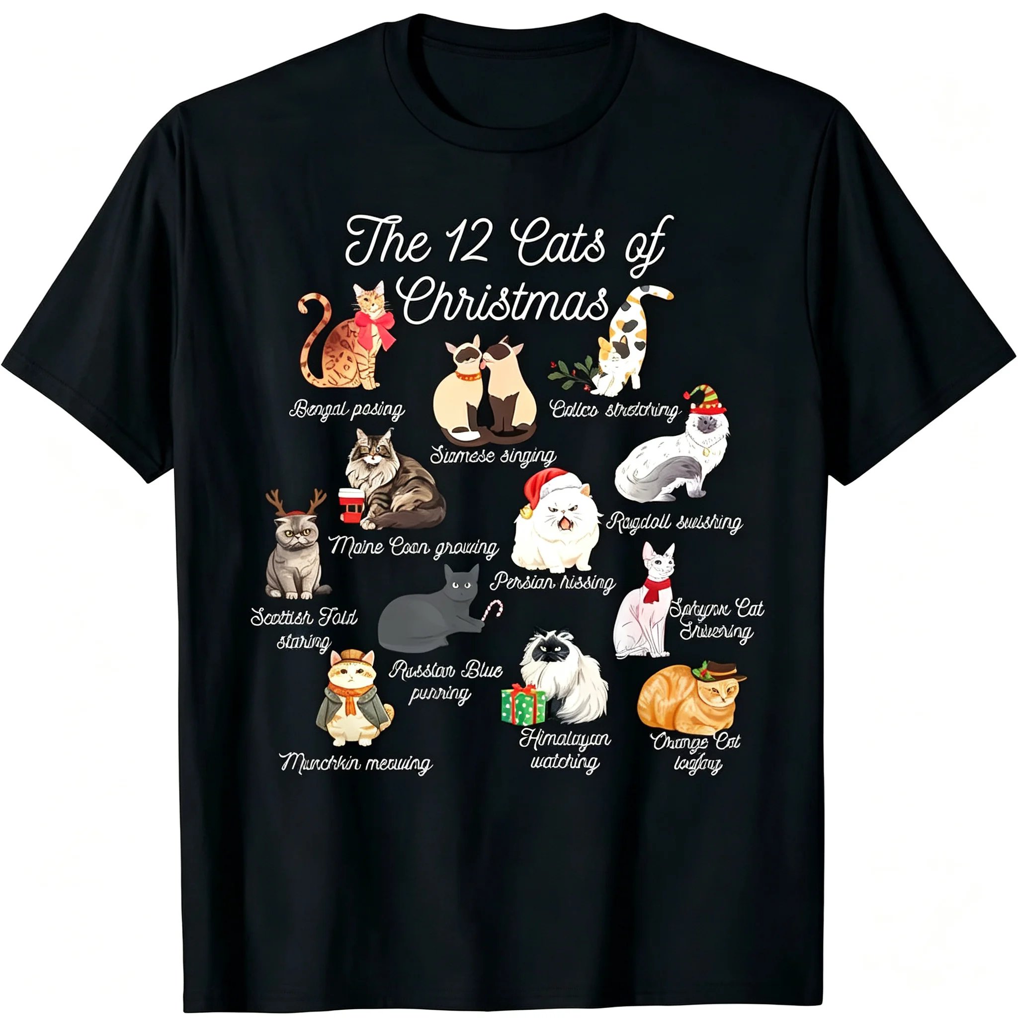 The 12 Cats of Christmas T‑Shirt, Funny Different Cat Breeds Graphic Tee, Christmas Gift For Cat Lovers Cat Owner Holiday Shirt