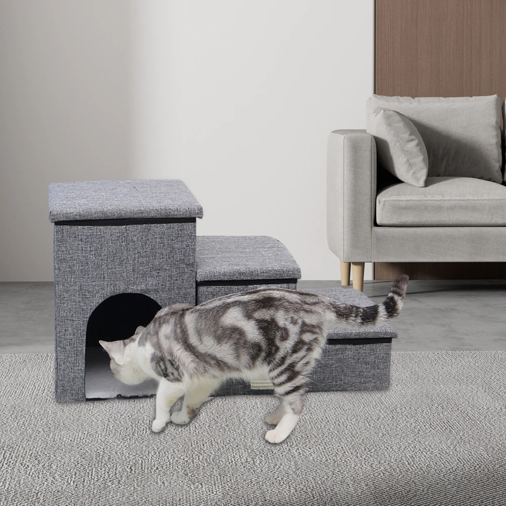 "Escalier chien chat 3 marches multifonction gris avec griffoir sisal et rangement intégré"