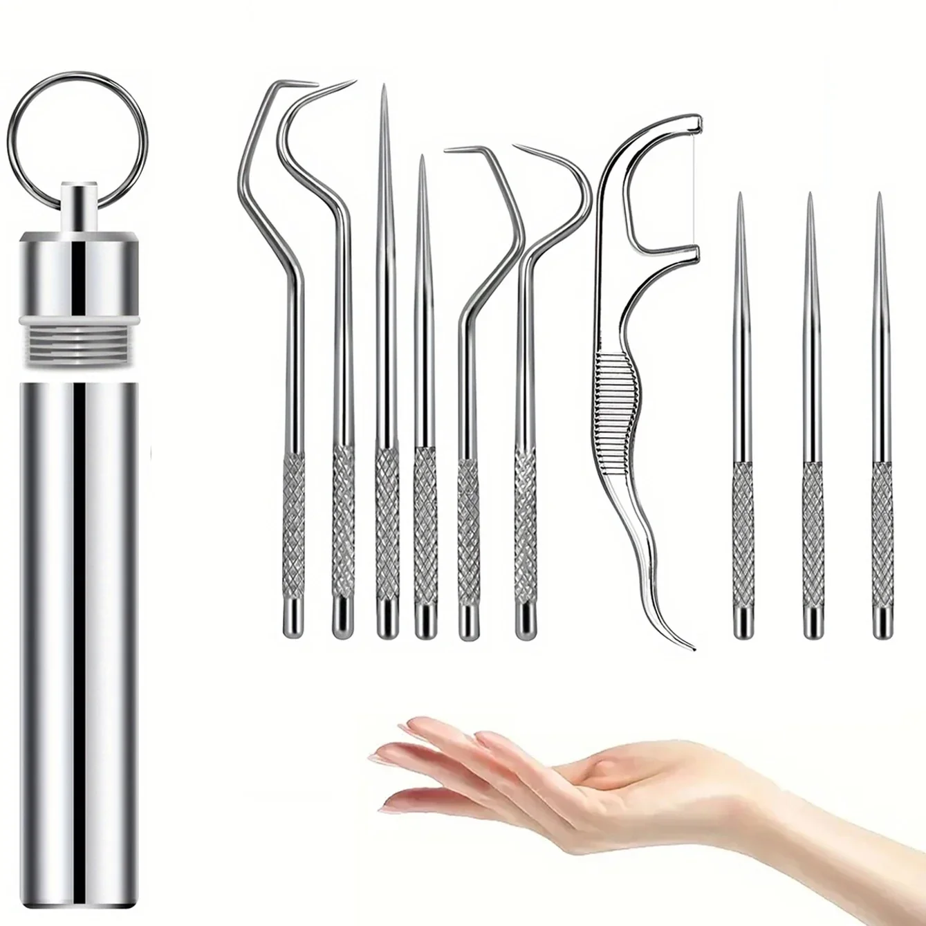 Outil de nettoyage de cure-dents en acier inoxydable, boîte à cure-dents réutilisable, cure-dents avec porte-clés adapté au camping et aux voyages en plein air