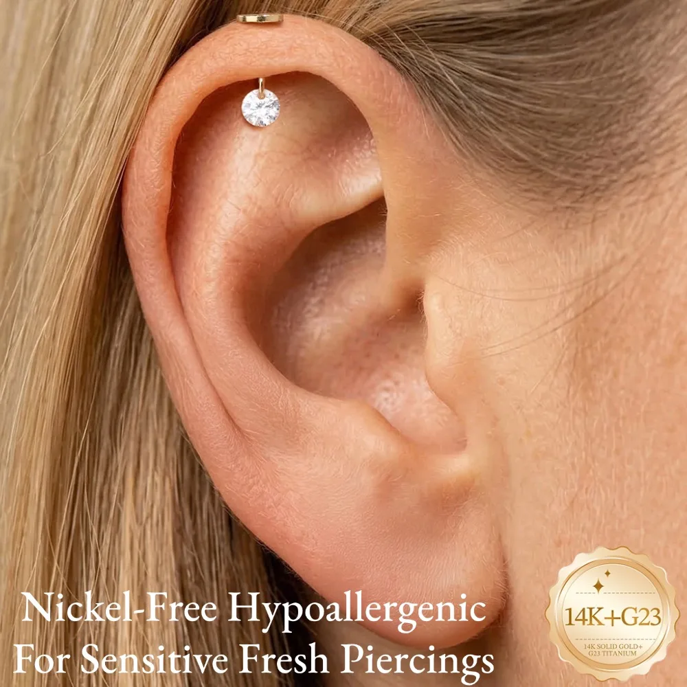DIeSchein 14K Solid Gold Piercing Stud Earring Drop Marquise Crystal Flat Back Ear Internal Thread Tiny Helix Tragus Ear Stud﻿