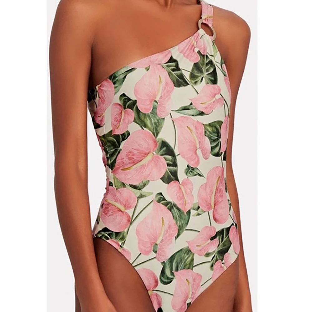 Pink Printed One Pieces Swimsuits & Cover Ups One-Shoulder Tie Women With Skirt Triangle Micro Bikinis Bathing Suit