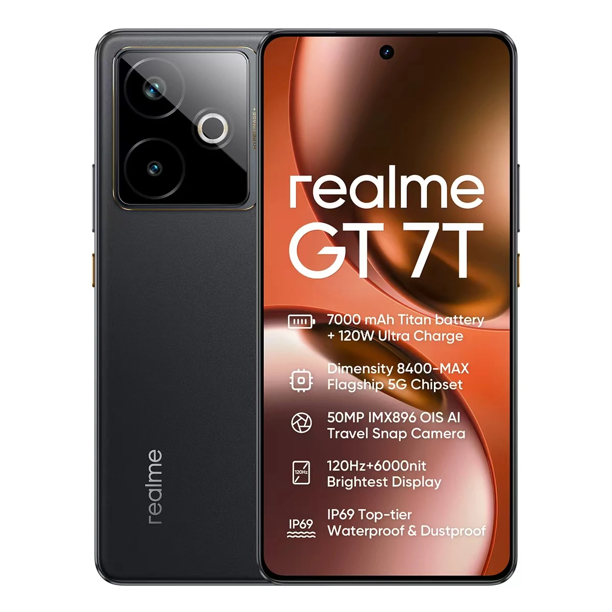 Realme GT 7T 5G Smartphone, Mediatek Dimensity 8400 Max, Pantalla AMOLED de 120Hz, Batería Titan de 7000mAh con Carga 120W Ultra Rápida, Cámara de 50 MP 2X, IP69, NFC, Android 15 9