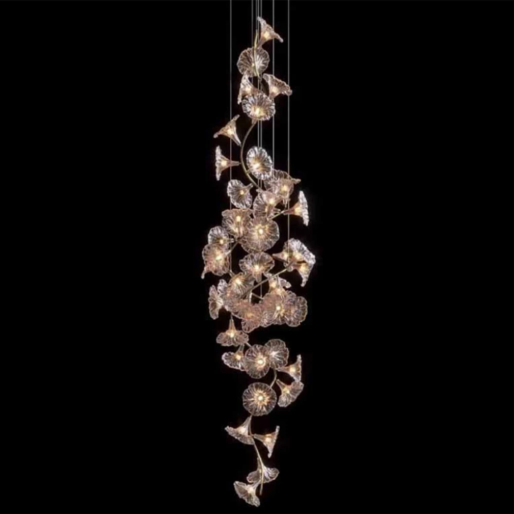 

Modern Glass Flower Chandelier with Gold Finish Branches Hanging Decorative Suspension Light for Staircase