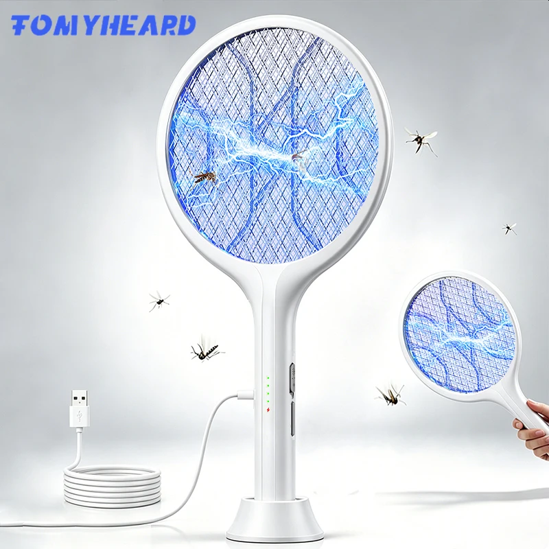 FOMYHEARO elektrische muggenracket, oplaadbare insectenverdelger, 3850V draagbare muggenverdelger, draadloze basis, ondersteunt opladen via USB, 1800mAh batterij voor buiten en thuis.
