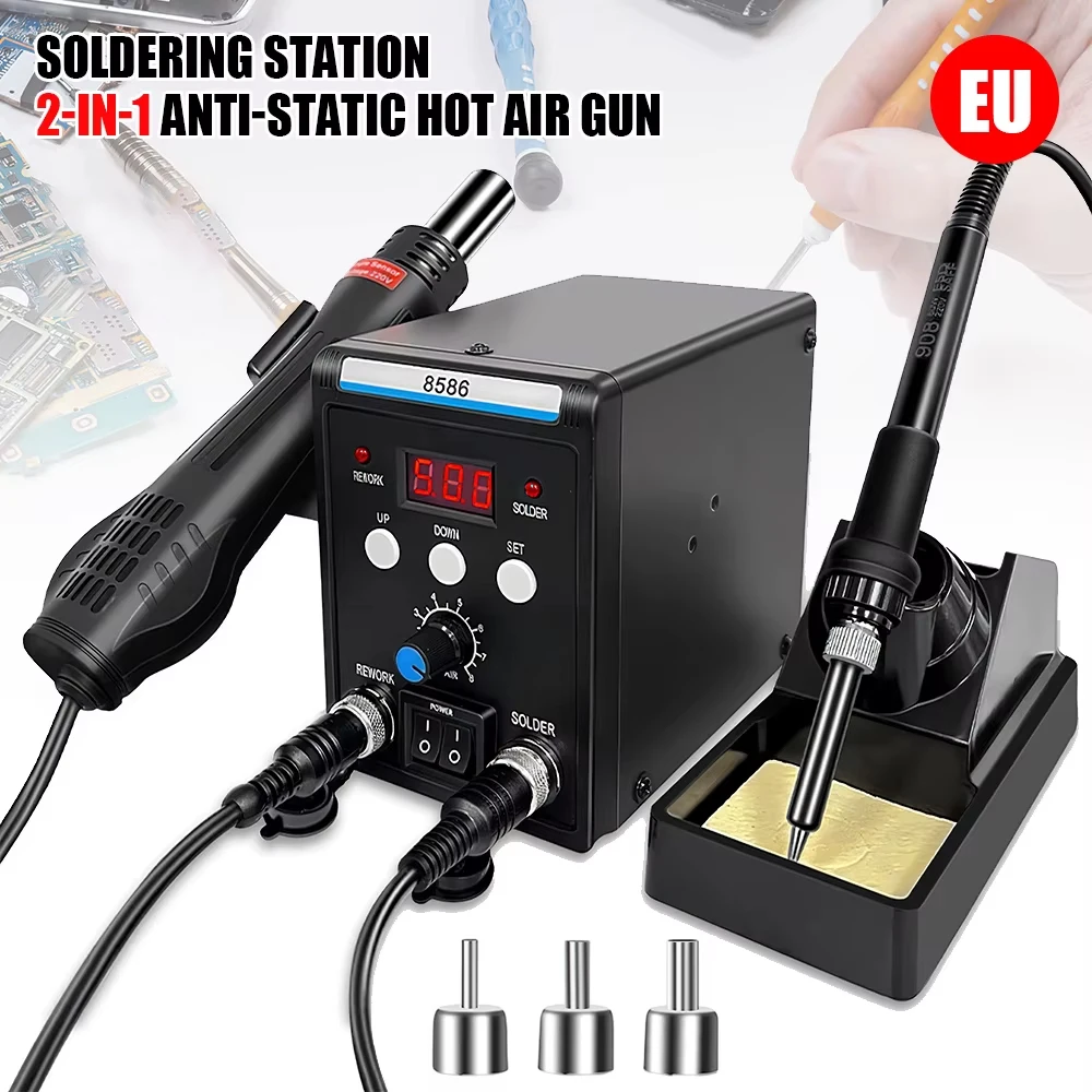 Station de Retravail 220V 8586 Numérique ESD avec Pistolet à Air Chaud et Fer à Souder, Fonction Veille, Ventilateur Sans Balais, Outil de Réparation et Dessoudage