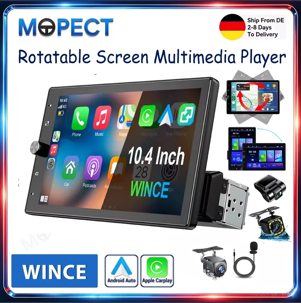 MOPECT 10,4'' Universal Drehbarer Bildschirm Multimedia-Player Kabelloses Carplay Android Auto FM/RDS BT Mirror Link MP5 Autoradio + Rückfahrkamera