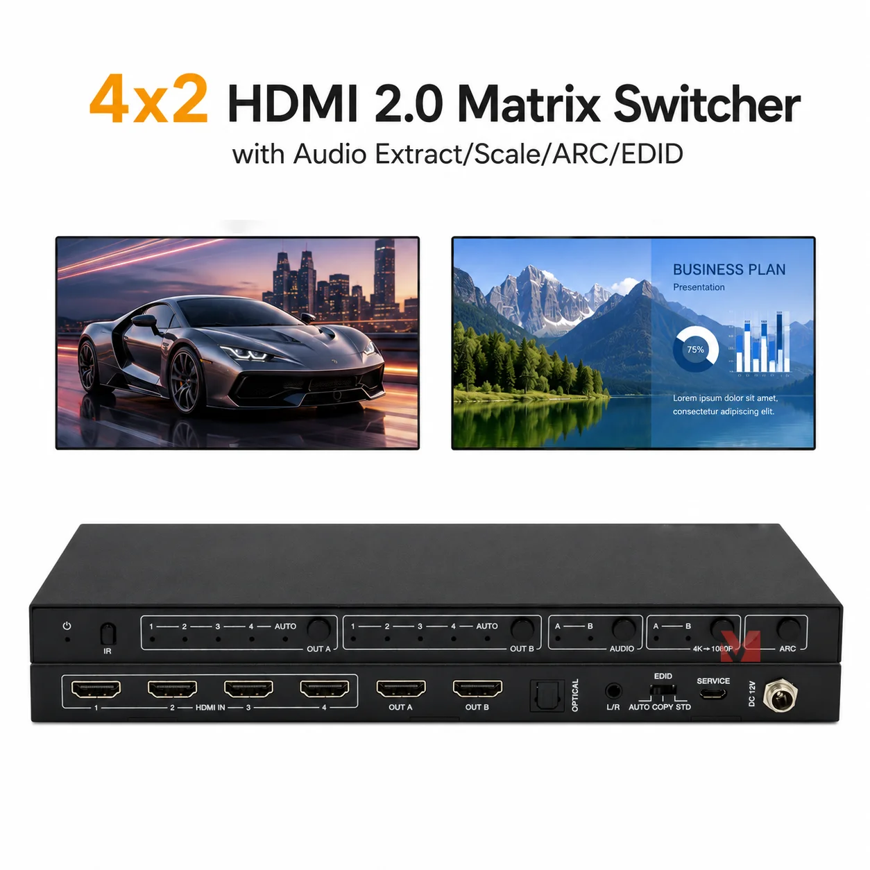 4x2 HDMI 2.0 Matrix Switcher 4K60Hz 18Gbps HDMI Matrix with Audio Extract ARC EDID Downscaler 4K to 1080P