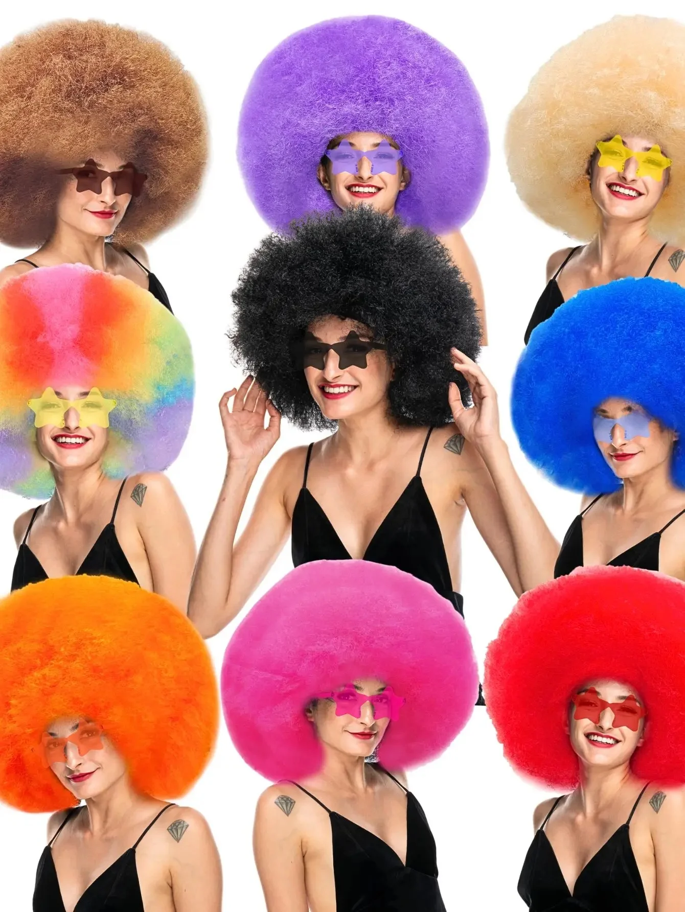 Oversized pluizig krullend haar pruik meerkleurig hittebestendig synthetische vezel met plus bril voor feest - afbeelding 2
