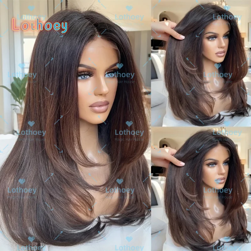Прямой прозрачный парик спереди на шнуровке — мокко-коричневые многослойные волосы, бразильские человеческие волосы Remy с натуральной линией волос, предварительно отбеленные и