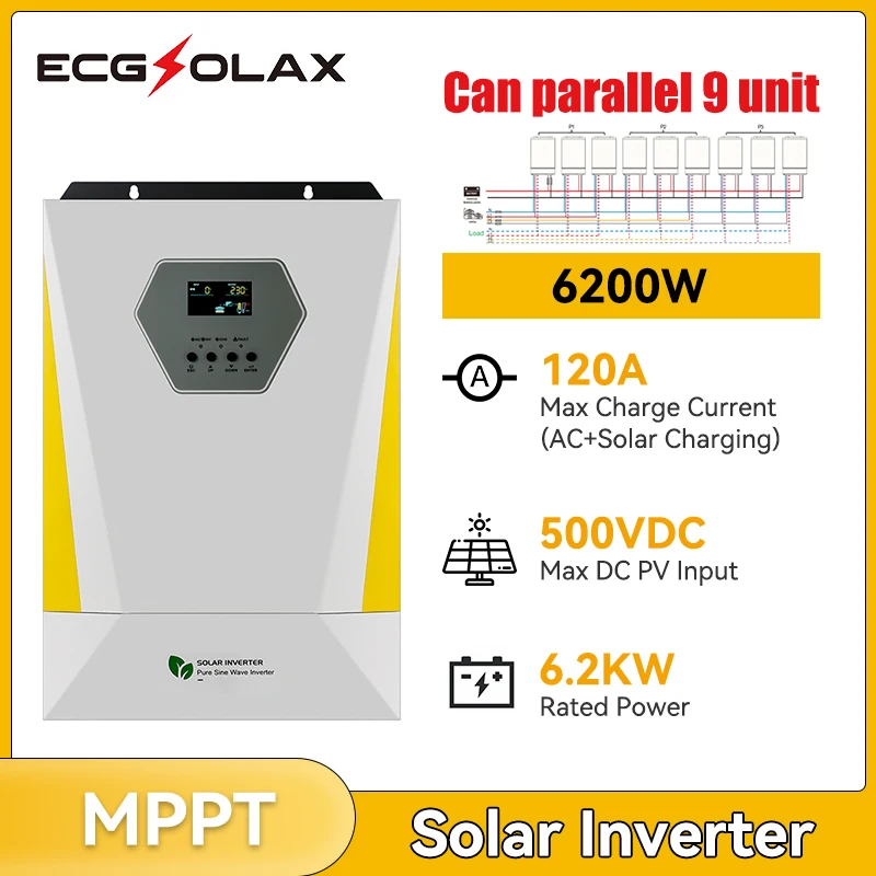 ECGSOLAX 6200W Hybrid Solar Inverter 120A Built-in MPPT Solar Controller 48VDC Off-Grid Inverter Charger Pure Sine Wave 6.2KW